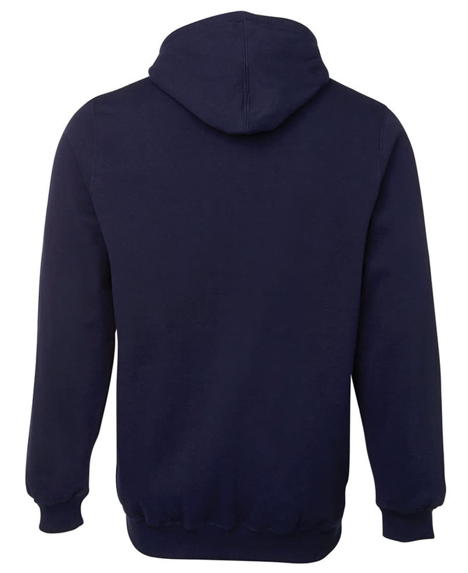 A navy hoodie featuring a hood and long sleeves, with a plain back design and a branded logo.