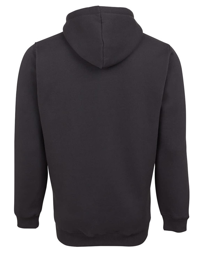 A black hoodie featuring a hood and long sleeves, with a plain design and a brand logo on the back.