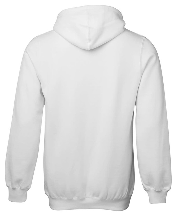 A white hoodie with a hood and long sleeves, featuring a plain back design.