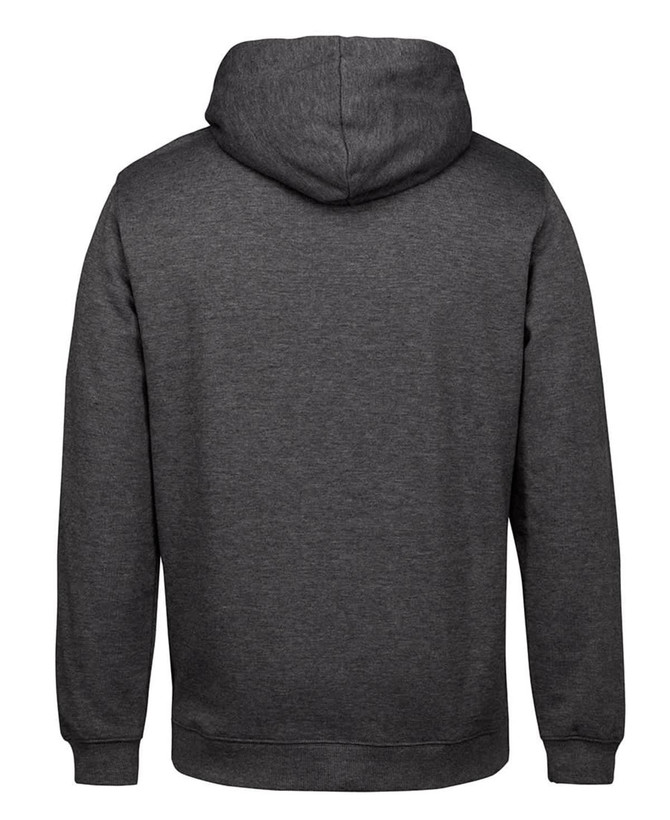 A grey hoodie with a lined hood and long sleeves, featuring a branding logo on the back.