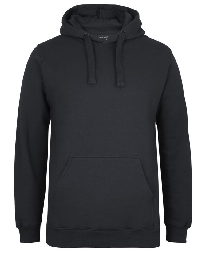 A black hoodie with a front pocket and drawstring hood, featuring a logo.