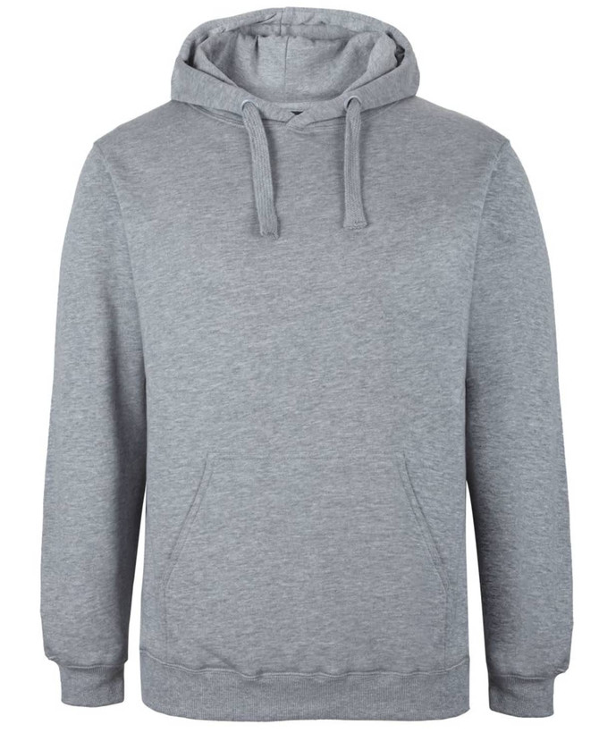 A grey hoodie with a front pocket and adjustable drawstrings on the hood. It features a logo on the front.