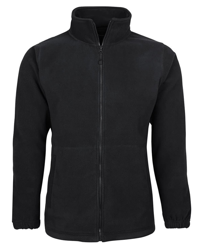 A black polar fleece jacket featuring a zip front and side pockets, with elastic cuffs and a collar.