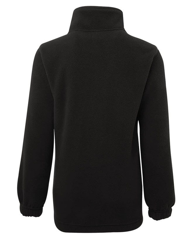 A black polar fleece jacket featuring a high neck and elasticised cuffs at the sleeves. It has a branding logo on the back.