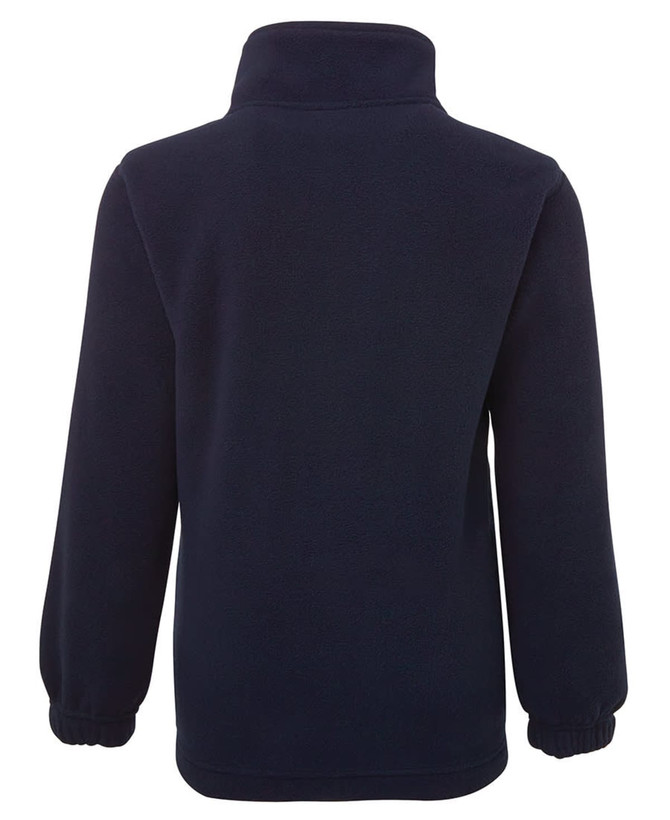A polar fleece jacket in navy, featuring a high collar and elasticised cuffs. The back view highlights its simple design and warmth.