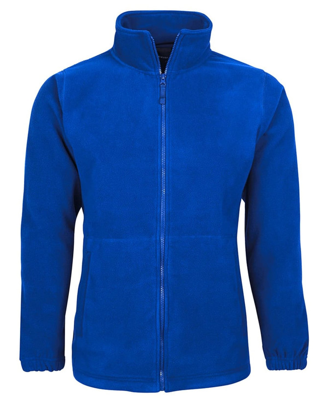 A polar fleece jacket in vibrant blue with a high collar and zip-up front, featuring side pockets and elasticated cuffs.