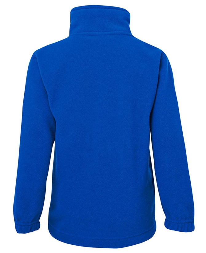 A blue polar fleece jacket featuring a high collar and elasticised cuffs, with a plain rear view.