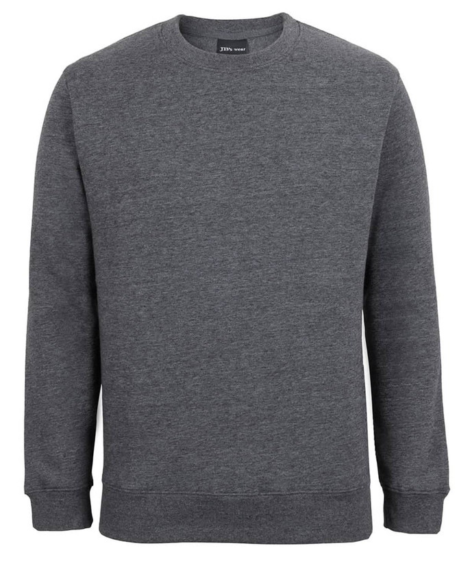 A grey jumper featuring a simple crew neck design and ribbed cuffs and hem. It has a branding label inside.