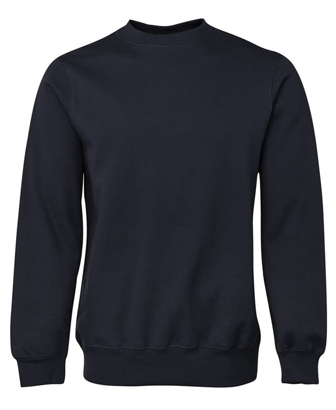 A navy blue jumper with a round neckline and long sleeves, featuring ribbed cuffs and hem. It has a logo.