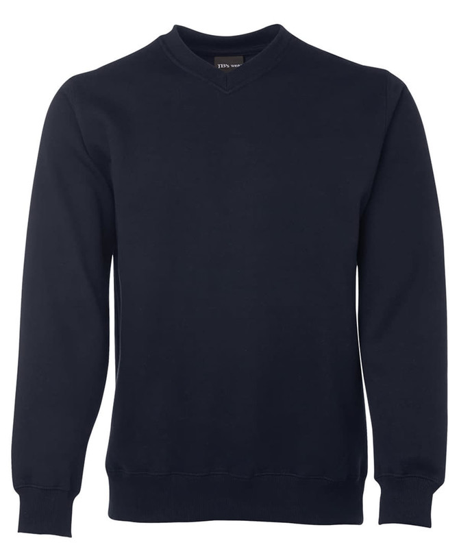 A navy V-neck fleece jumper with long sleeves and a fitted design. It features a small branding logo.