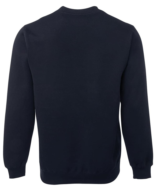 A navy V-neck fleece jumper with long sleeves and a plain back, featuring a logo on the fabric.