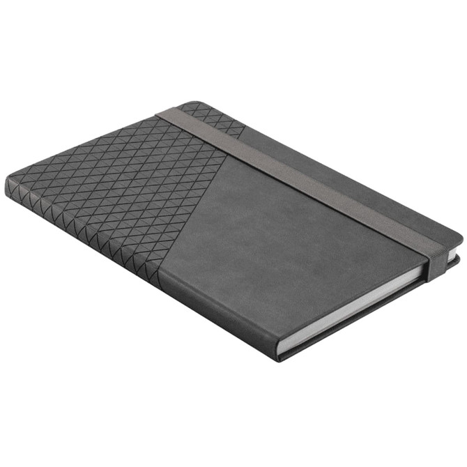 A grey notebook with a textured geometric design on one cover and an elastic strap. Features a logo on the front.