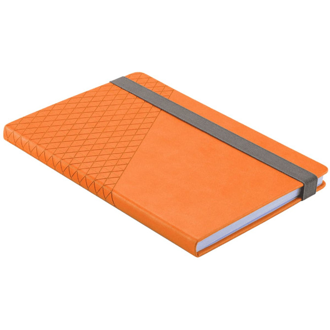 An orange notebook with a textured cover and a grey elastic band. It features a geometric design on one side.