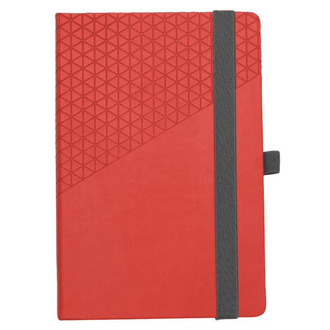 A red notebook with a textured geometric design and a grey elastic strap. Features a logo on the cover.
