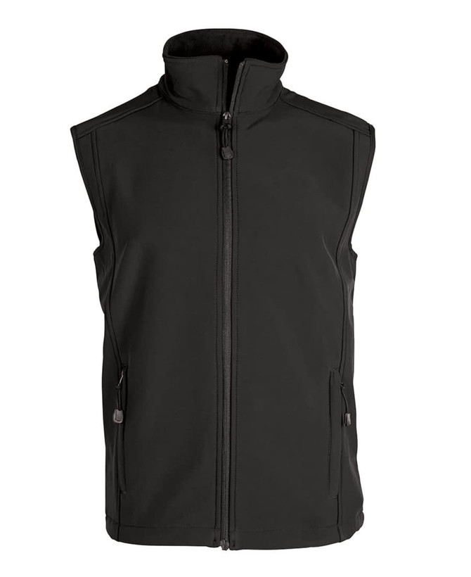 A black softshell vest with a stand-up collar and zippered pockets. It features a logo on the front.