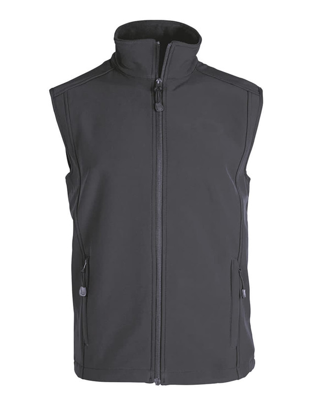 A black softshell vest with a high collar and zip closure, featuring two front pockets and a logo.
