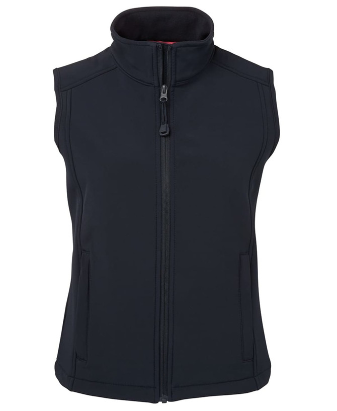 A black softshell vest with a high collar, front zipper, and side pockets, featuring a logo.