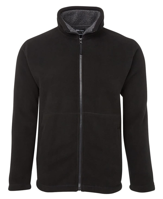 A black fleece jacket featuring a zip front and a soft inner lining, with pockets and a collar.