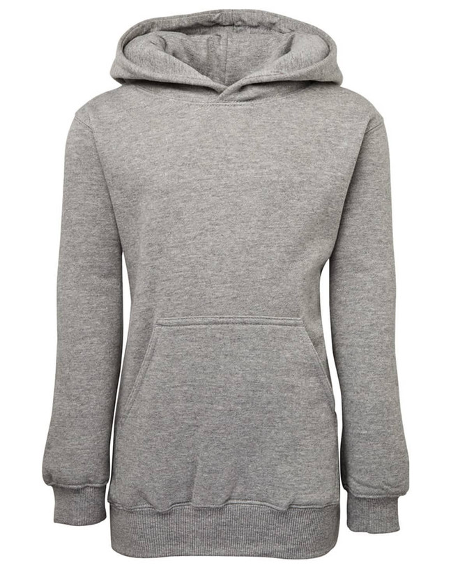 A grey fleecy hoodie featuring a front pocket and a hood, with ribbed cuffs and hem. It includes a logo.