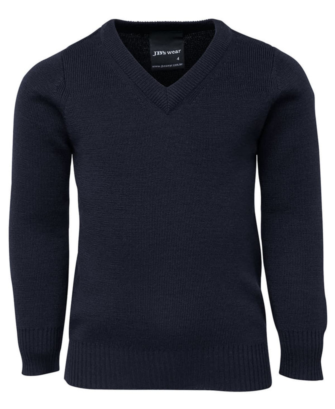 A knitted jumper in navy blue featuring a v-neck design and long sleeves. Includes a brand logo.