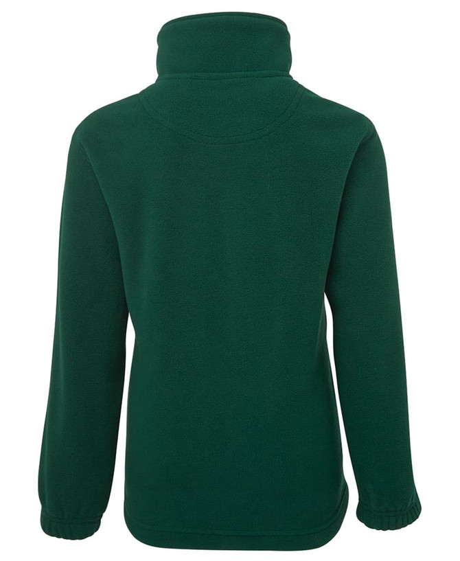 A green half-zip polar fleece jacket with a high collar and long sleeves, featuring a logo.