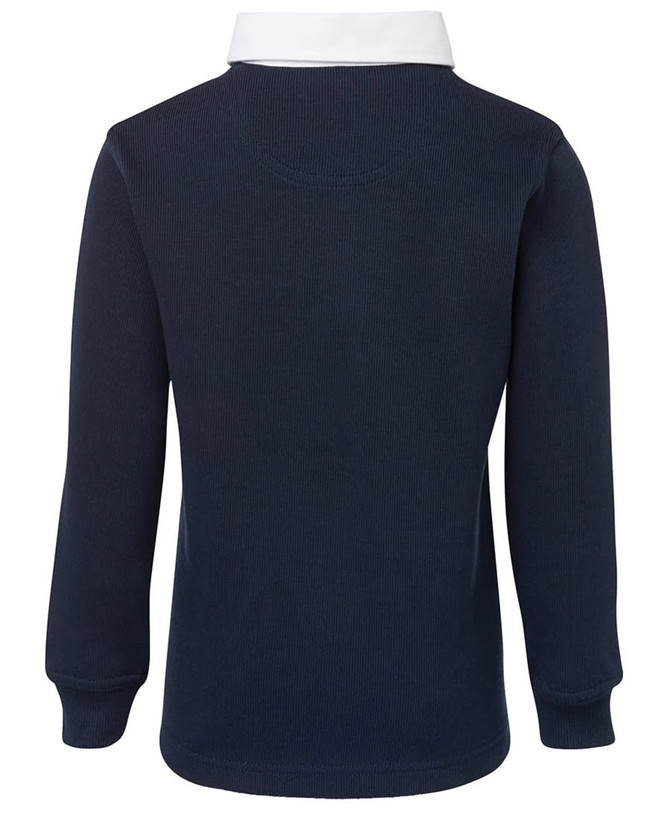 A navy and white polo shirt for kids featuring a classic collar and long sleeves, with a logo on the front.