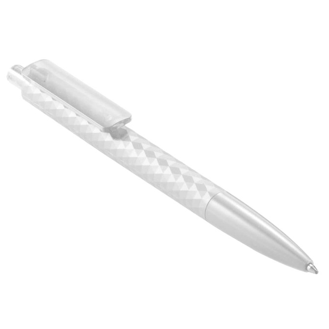 A geometric ballpoint pen in white with a textured diamond pattern and a silver clip.