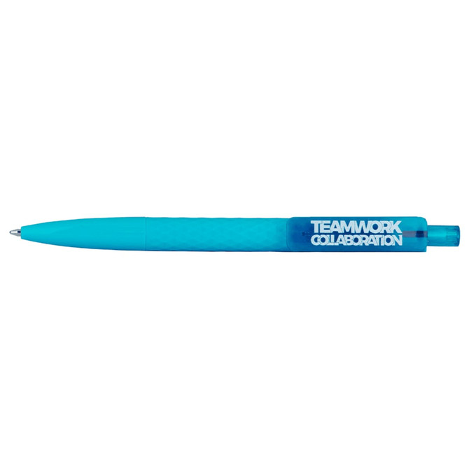 A turquoise ballpoint pen with a textured grip, featuring a branding logo.