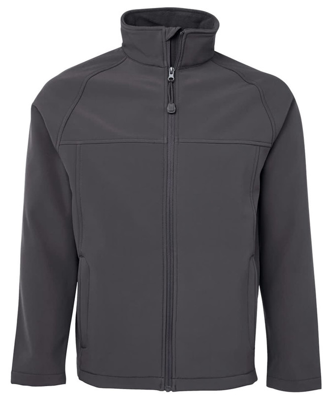 A soft shell jacket in dark grey with a zip front and two side pockets. It features a logo on the chest.