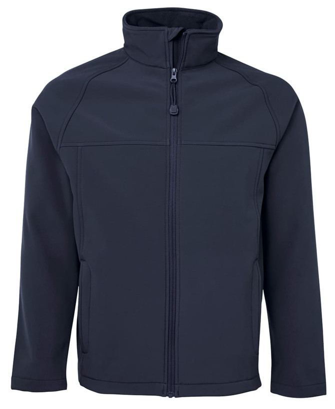 A navy soft shell jacket featuring a zip front, high collar, and two side pockets, with a logo on the chest.