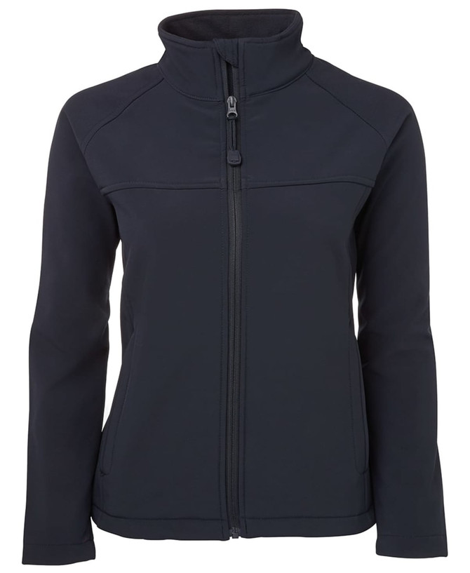 A ladies soft shell jacket in black with a zip-up front and a high collar, featuring a logo.