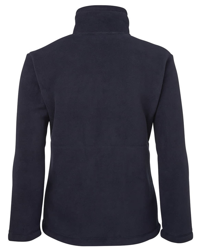 A dark navy fleece jacket with a high collar and long sleeves, featuring a logo on the back.