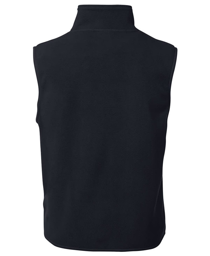 A black polar vest with no sleeves and a high collar, featuring a logo on the back.
