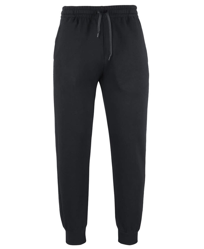 Black track pants with an elastic waistband and adjustable drawstring, featuring a tapered leg design.
