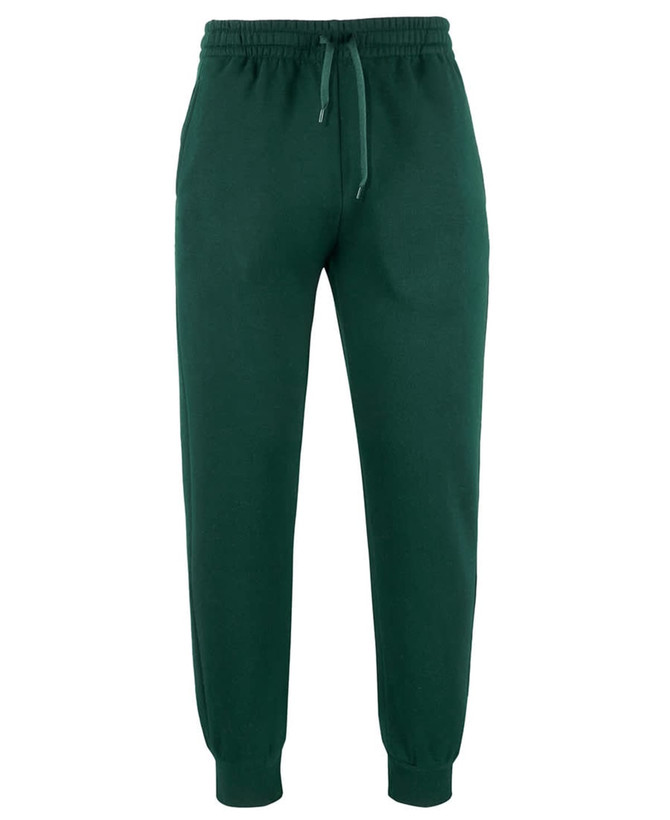 Green track pants with an elastic waistband and cuffs, featuring a drawstring and a small logo.