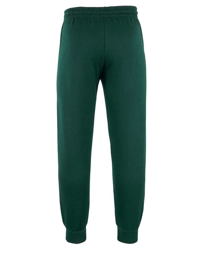 Green track pants featuring an elastic waistband and cuffs, with a plain design and a brand logo.