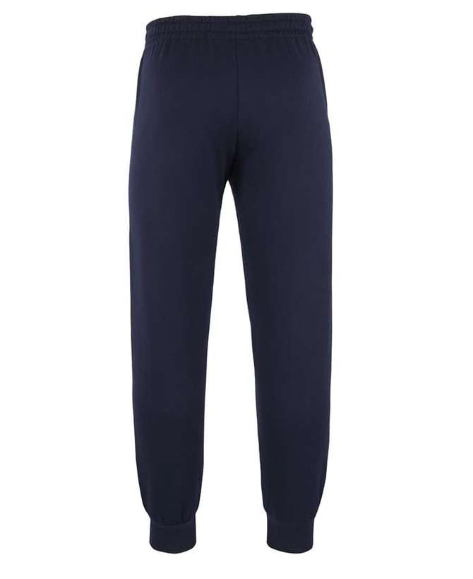 Track pants in navy blue with an elastic waistband and cuffs, featuring a branding logo.