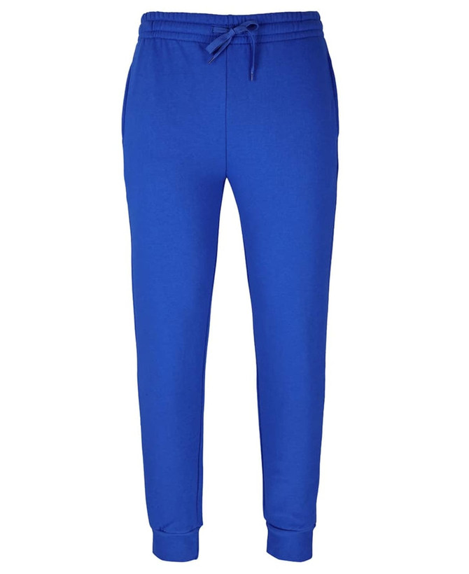Bright blue track pants featuring an elastic waistband and cuffs, with a drawstring for adjustable fit. Includes a branding logo.