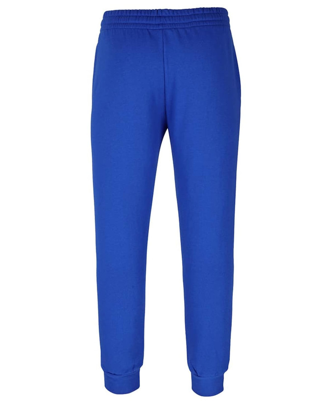 Bright blue track pants with an elastic waistband and cuffed ankles, featuring a logo on the design.
