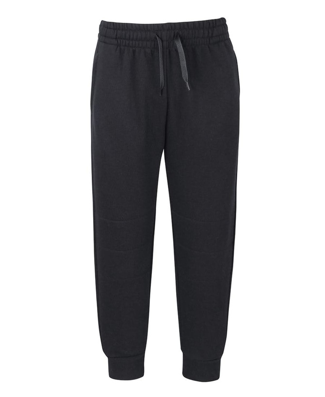 Black track pants with a drawstring waistband and fitted cuffs, featuring a logo on the side.