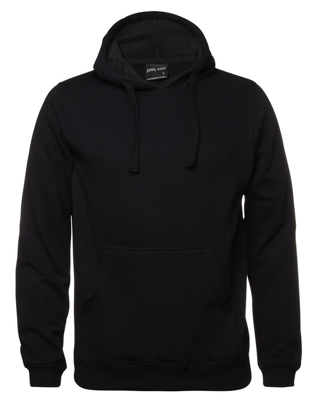 A black hoodie featuring a front pocket and a drawstring hood, with a logo on the label.