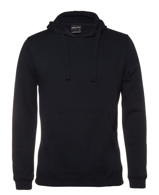 A black hoodie featuring a front pocket and a drawstring hood. The garment has a logo at the neckline.