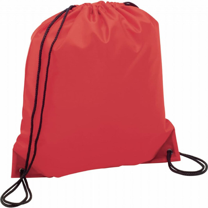 A red drawstring sportspack with black cords, featuring a logo. Suitable for various activities.