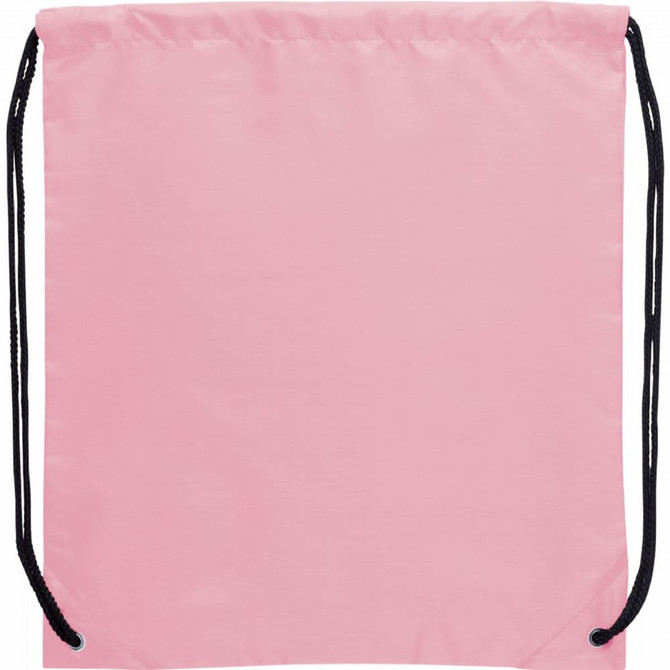 A pink drawstring sportspack with black drawstrings and a logo. Ideal for carrying small items.