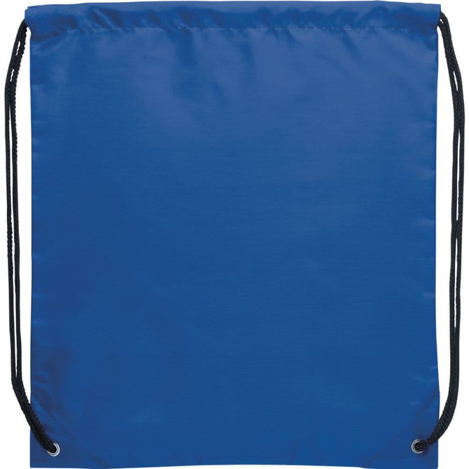A blue drawstring sportspack with black cords and eyelets. The bag has a plain design and a logo.