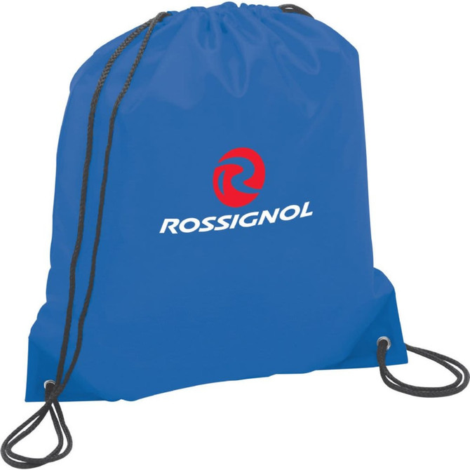 A blue drawstring sportspack with a black cord and a logo printed on the front.