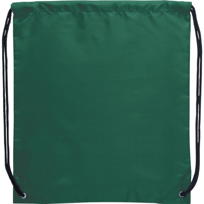 A green drawstring sportspack with black cords and a simple design. It features a branding logo.