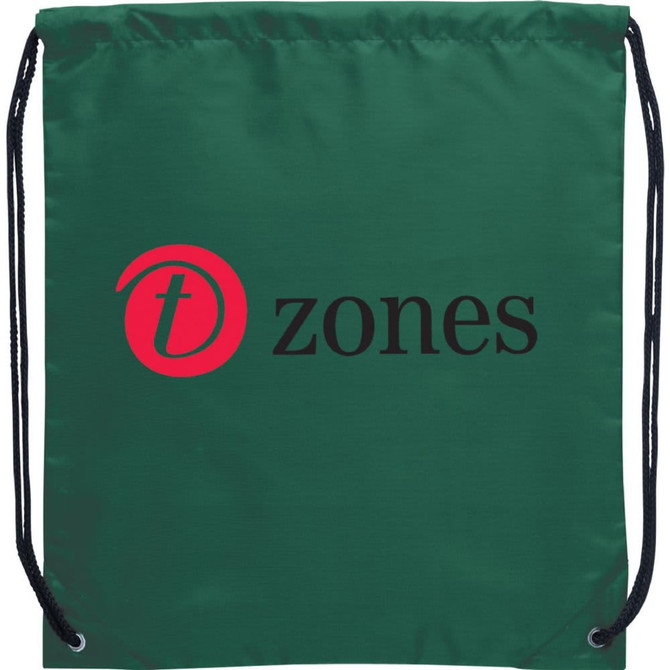 A green drawstring sportspack with a black logo. Ideal for carrying small items.