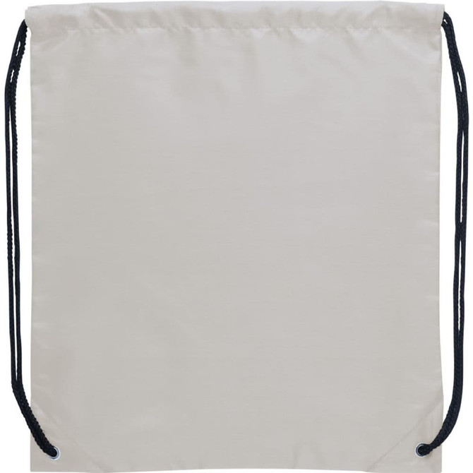 A light grey drawstring sportspack with black cords and a simple design, featuring a logo.