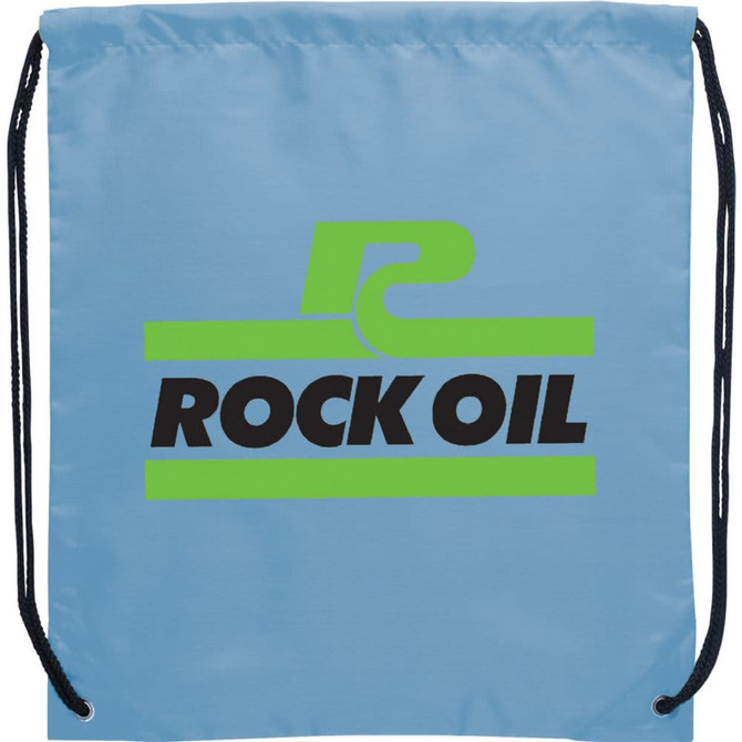A blue drawstring sportspack with black cords and a logo featuring green and black text on the front.